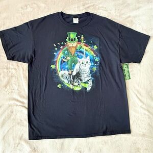 Lucky Caticorn Unisex T-shirt Green Cat Money Clover Unicorn Rainbow Black XL